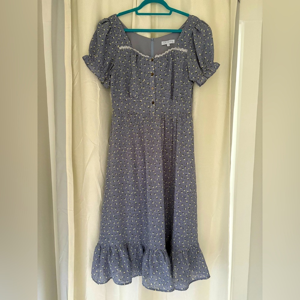 Ivy City Co Blue Midi Dress with White Floral Pattern